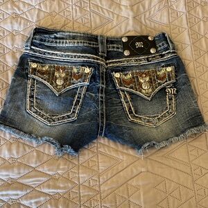 Miss Me Distressed Blue Jean Shorts with Embellished Pockets